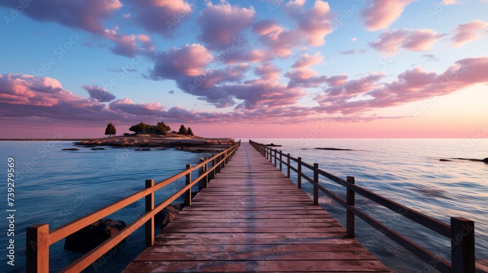 Fototapeta premium Empty wooden pier extending into a calm sea at sunrise, soft pastel sky, conveying the tranquility and beauty of early morning at the beach, Photorealistic, sun