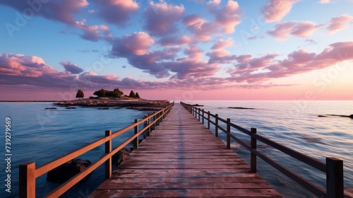 Empty wooden pier extending into a calm sea at sunrise  soft pastel sky  conveying the tranquility and beauty of early morning at the beach  Photorealistic  sun