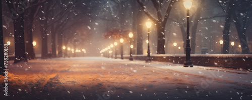 Romantic street at night with street lamps in winter  vintage style  generated by ai