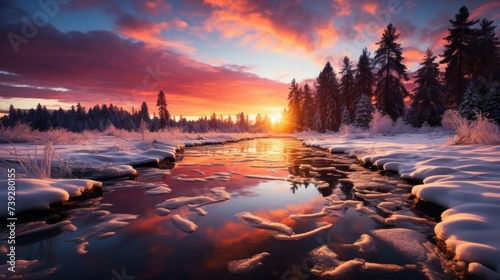 A vibrant sunset over a snow-blanketed meadow, the sky painted in shades of orange and purple, snowflakes gently falling, the silhouette of a distant forest on © ProVector