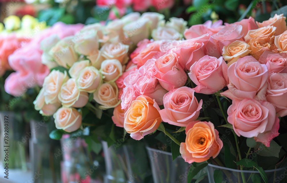 Obraz premium A lush display of assorted roses in various shades of pink