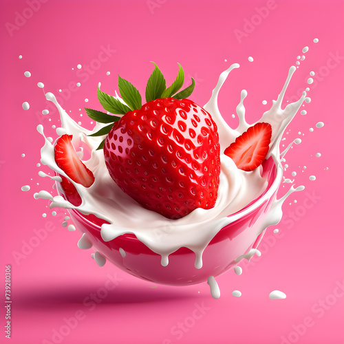 Milk splash with fresh strawberries isolated on pink background. 3d illustration