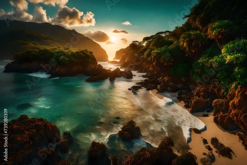 A coastal paradise featuring vibrant greenery along the beach, bathed in the warm glow of sunlight, the HD camera capturing the idyllic scene in breathtaking