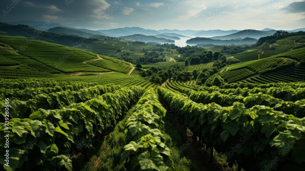 Aerial view of a vineyard with a geometric pattern of vines, lush green leaves, no people, emphasizing the scale and beauty of wine cultivation, Photorealistic,