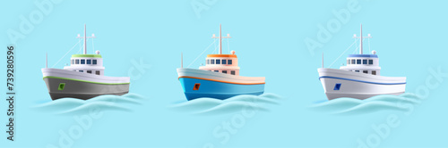 3d realistic fishing boat set of cartoon illustrations of vessel with volume waves, sailing in the sea