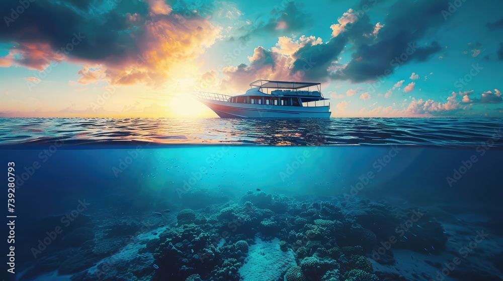beautiful sunlight seaview safari dive boat in tropical sea with deep blue underneath splitted by waterline. Design template - obrazy, fototapety, plakaty 