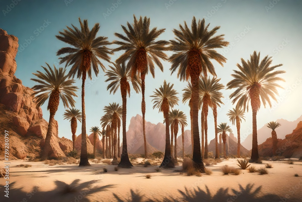 Obraz premium A peaceful oasis featuring tall date palm trees, the HD camera capturing the scene in rich