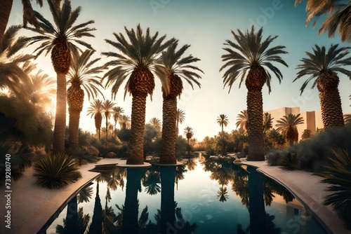 A peaceful oasis featuring tall date palm trees, the HD camera capturing the scene in rich photo