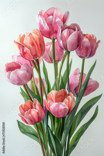 A watercolor painting featuring a bouquet of pink and orange tulips in a vase, set against a neutral background with ample copy space