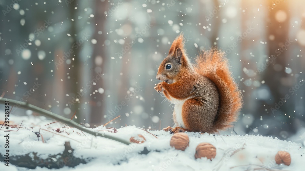 Cute red squirrel eats a nut in winter scene with nice blurred forest in the background Cute red squirrel eats a nut in winter scene with nice blurred forest in the background