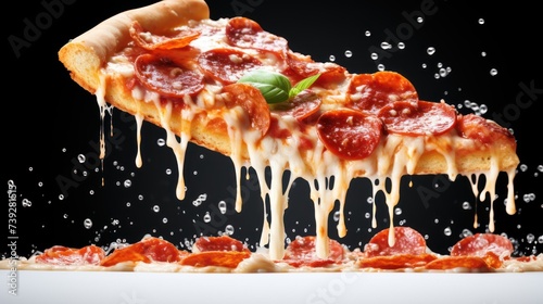 Template with delicious tasty slice of pepperoni pizza flying on black background. Generative AI