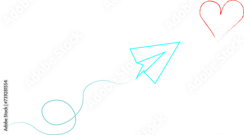 A small paper airplane flies to the heart, carries a message. The route of the plane to the heart . The concept of travel, love