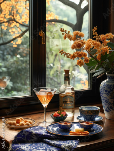 a table is set with a cocktail and a tray with snacks, in the style of dansaekhwa, enchanting photo