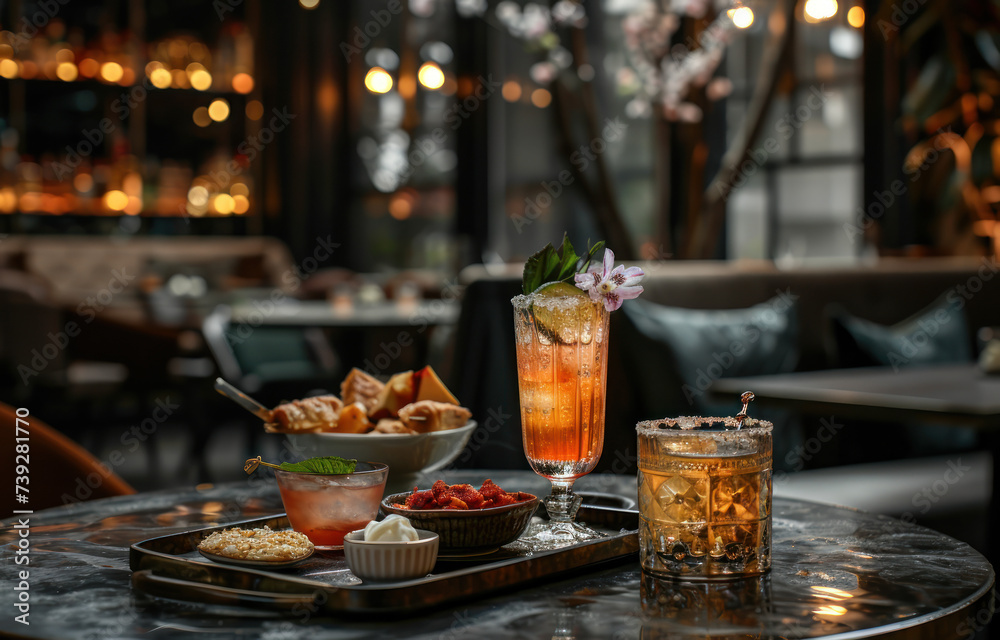 a table is set with a cocktail and a tray with snacks, in the style of dansaekhwa, enchanting a table is set with a cocktail and a tray with snacks, in the style of dansaekhwa, enchanting