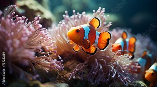 Anemone housing a clownfish, vibrant colors of the anemone against the ocean floor, the symbiotic relationship between species, Photorealistic, marine ecosystem