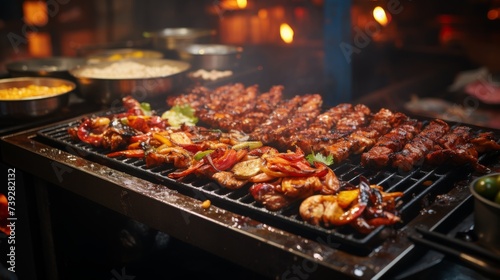 Close-up of street food being prepared, sizzling grill with various meats and vegetables, smoke and steam rising, focusing on the vibrant and sensory experience