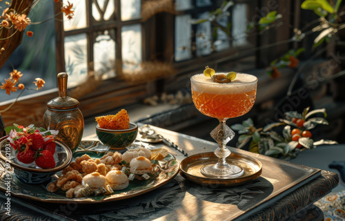 a table is set with a cocktail and a tray with snacks, in the style of dansaekhwa, enchanting