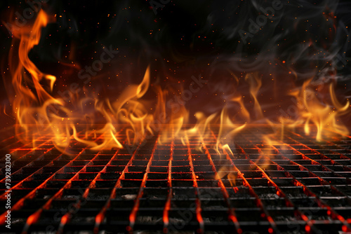 Empty barbecue grill with bright flames of fire