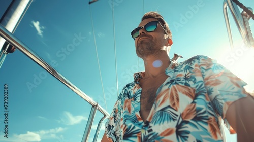 Man wearing sunglasses standing on yacht at sunny day