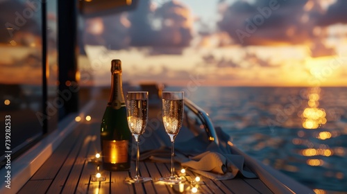 Romantic luxury evening on cruise yacht with champagne setting. Empty glasses and bottle with champagne and tropical sunset with sea background, nobody.