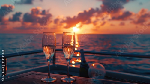 Romantic luxury evening on cruise yacht with champagne setting. Empty glasses and bottle with champagne and tropical sunset with sea background, nobody. photo