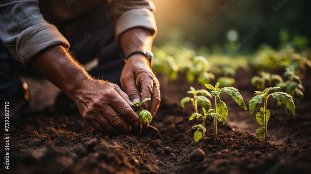 Close-up of a farmer's hands planting seeds in rich soil, rows of crops ...