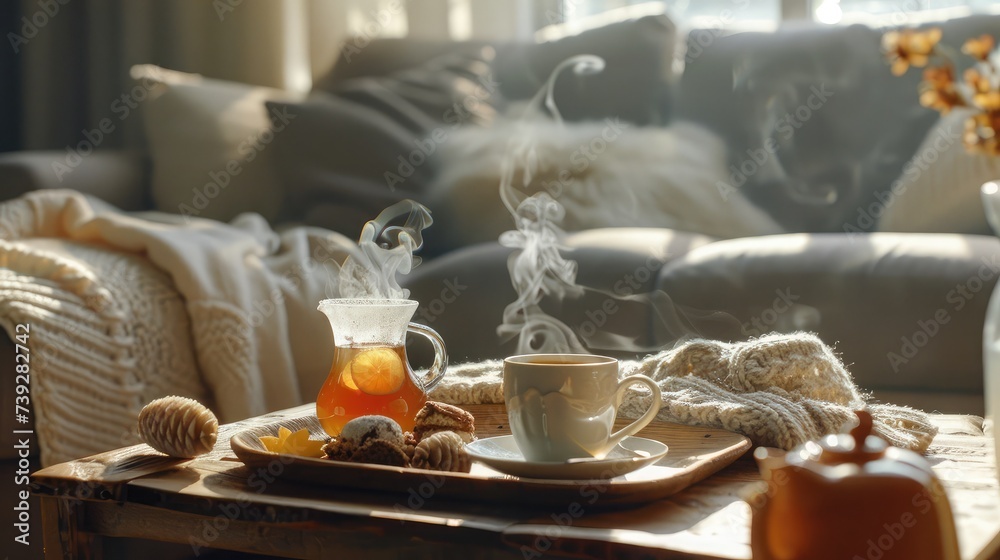 Naklejka premium Still life details in home interior of living room. Sweaters and cup of tea with steam on a serving tray on a coffee table. Breakfast over sofa in morning sunlight. Cozy autumn or winter concept.