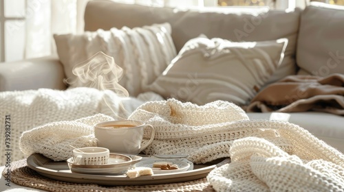 Still life details in home interior of living room. Sweaters and cup of tea with steam on a serving tray on a coffee table. Breakfast over sofa in morning sunlight. Cozy autumn or winter concept.