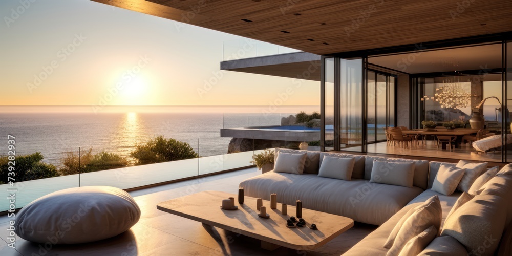 Contemporary villa with floor to ceiling windows offering breathtaking views of the ocean in Malibu, California