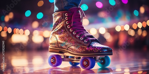 Roller skates on the floor in the nightclub at night.