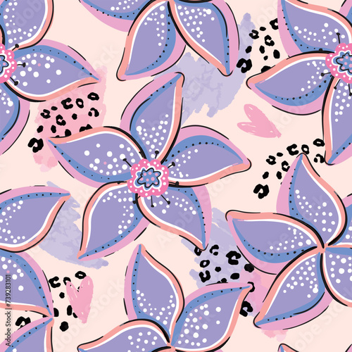 Hand drawn tropic flower pattern. summer background.  for textile,  fashion wear, wrapping paper. Abstract decorative flat vector illustration