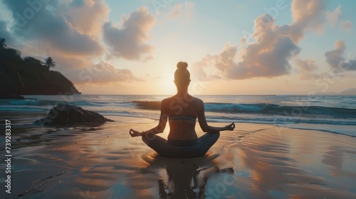 woman practices yoga and meditates in the lotus position on the beach