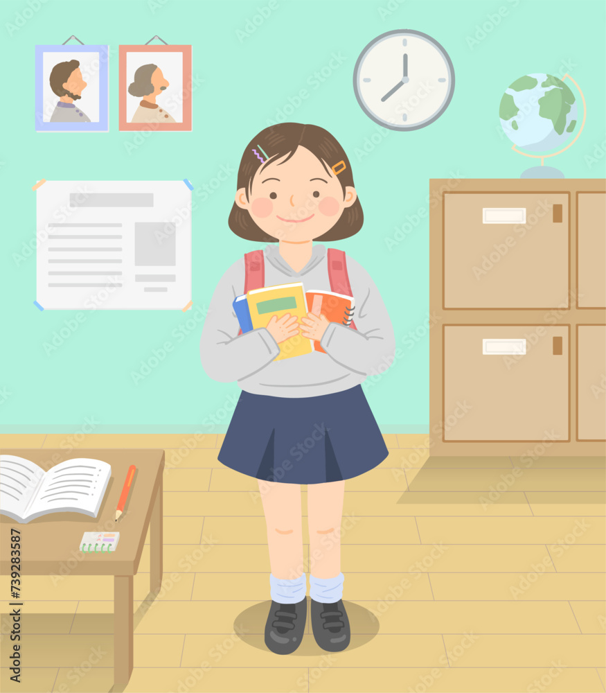 Students in classroom holding books, entrance ceremony, new semester illustration Students in classroom holding books, entrance ceremony, new semester illustration