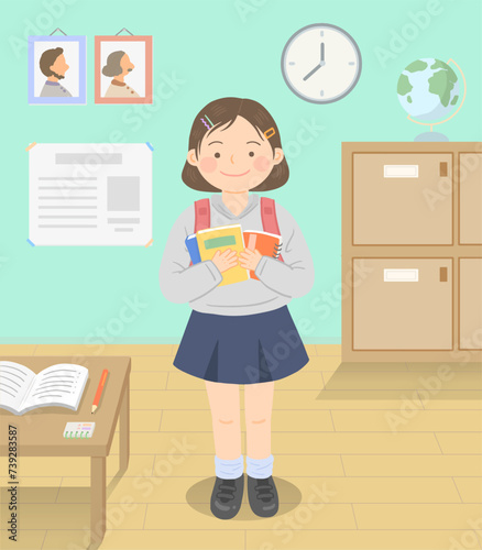 Students in classroom holding books, entrance ceremony, new semester illustration