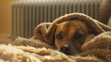 Cute dog warming itself under blanket near radiator in living room