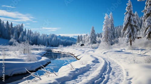 Cross-country ski trail winding through a forest, tracks in the snow, peaceful and scenic, showcasing the endurance and tranquility of Nordic skiing, Photoreali