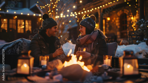 Happy couple having a romantic date on outdoor terrace with fire pit in winter, cozy atmosphere