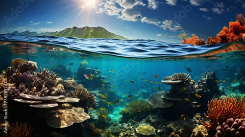 A vibrant coral reef teeming with colorful fish and marine life, the intricate ecosystem a burst of color and activity beneath the water's surface, Photography, © ProVector