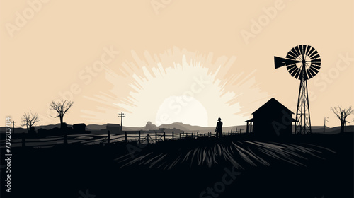 Abstract windmill with a farmer's silhouette  symbolizing renewable energy on the farm. simple Vector art