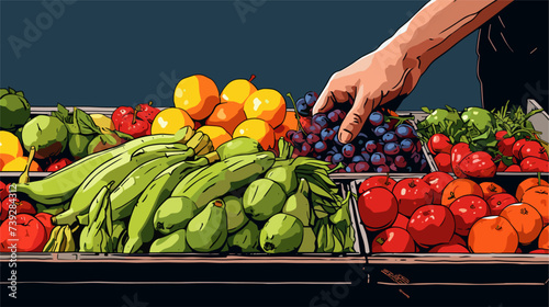 Abstract shop owner's hands arranging fruits in a display  symbolizing grocery retail. simple Vector art