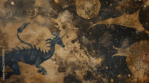 Mythical Creatures and Celestial Motifs Mixed Media Background. photo