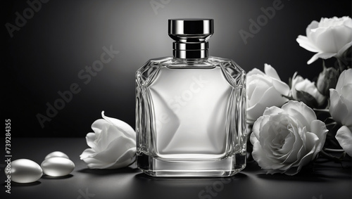 Glass perfume bottle and white roses. Black and white photo. Perfume advertising
