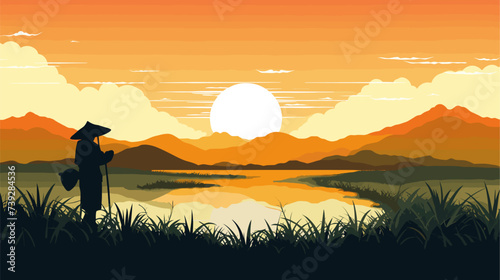 Abstract rice paddy with a farmer's silhouette  representing rice cultivation. simple Vector art