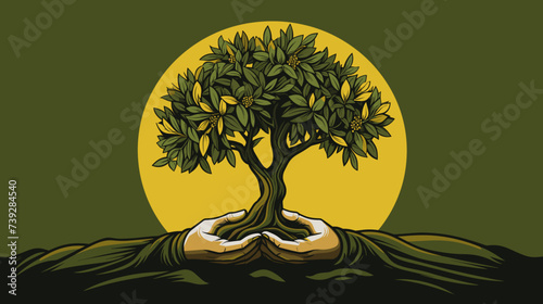 Abstract olive tree with a farmer's hands  representing olive cultivation. simple Vector art