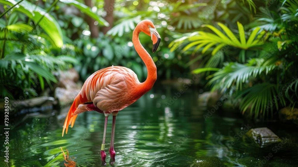 Fototapeta premium A pink flamingo standing in a body of water