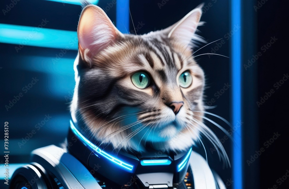 Beautiful cyber scottish cat in futuristic robot costume. Augmented reality game, future technology.