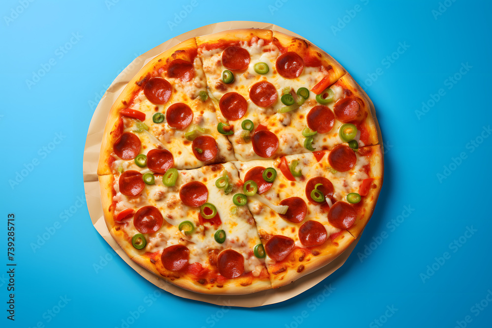 Flat Lay Photo of Delicious pizza, Isolated on Vibrant Bright Blue Background.