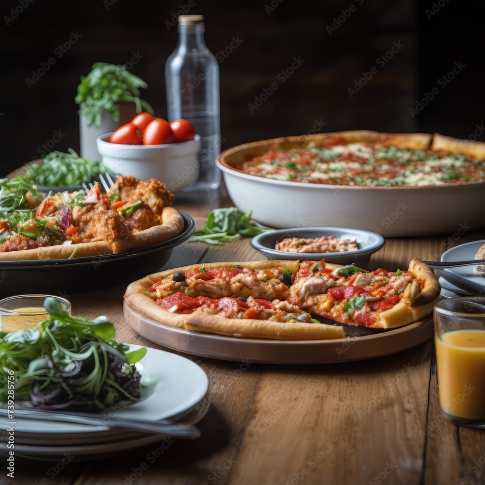 table with pizza salad and a bottle of orange juice table with pizza salad and a bottle of orange juice