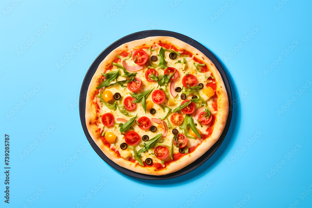 Flat Lay Photo of Delicious pizza, Isolated on Vibrant Bright Blue Background. Flat Lay Photo of Delicious pizza, Isolated on Vibrant Bright Blue Background.