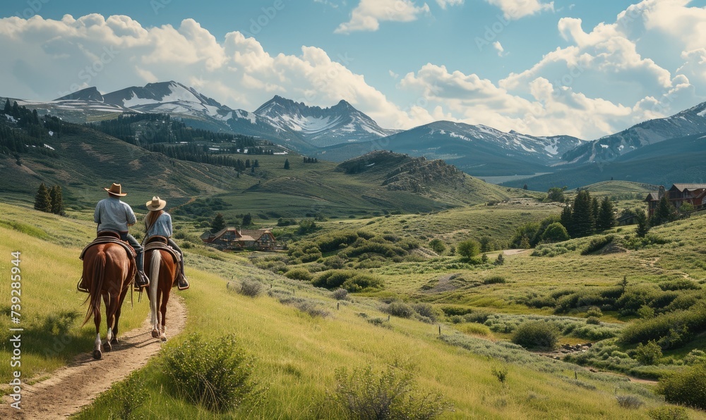 Obraz premium Couple riding on horse back in suuny day.